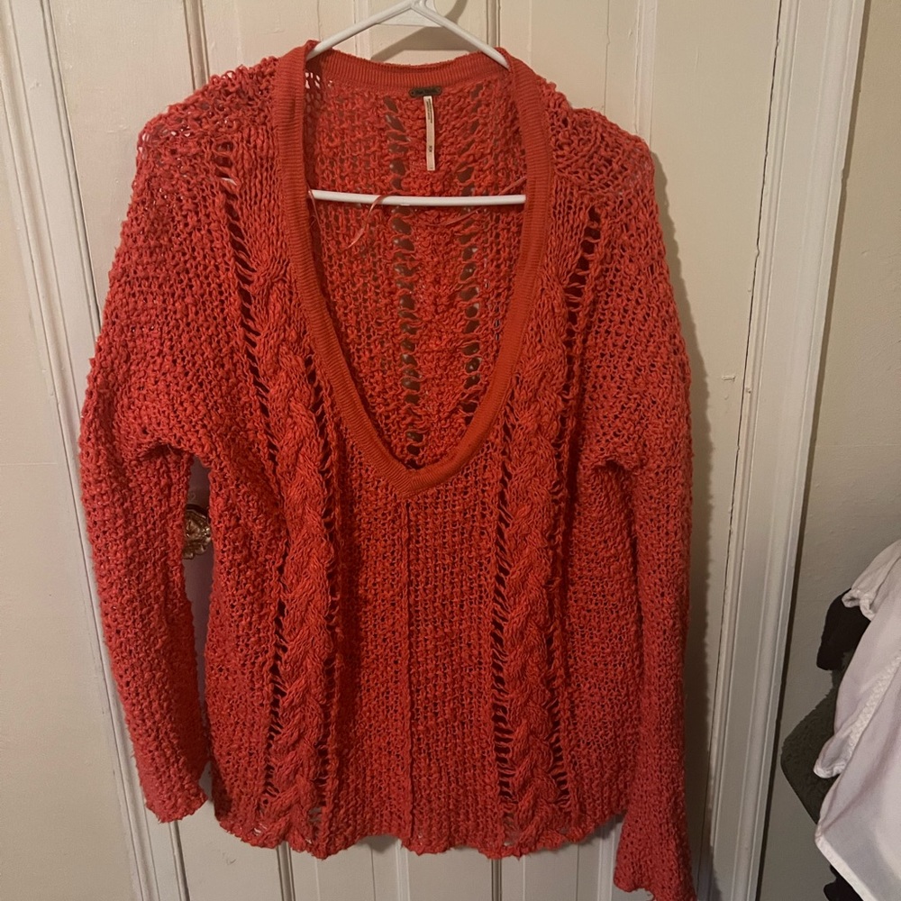 Free People Chunky Knit Cotton Blend Coral Pink Oversized V-Neck Sweater Size M